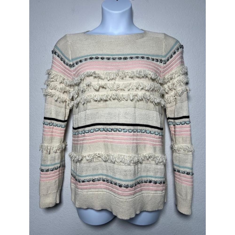 LOFT Fringe Knit Sweater Large Cream Pink Blue Striped Boho Cottagecore Coastal